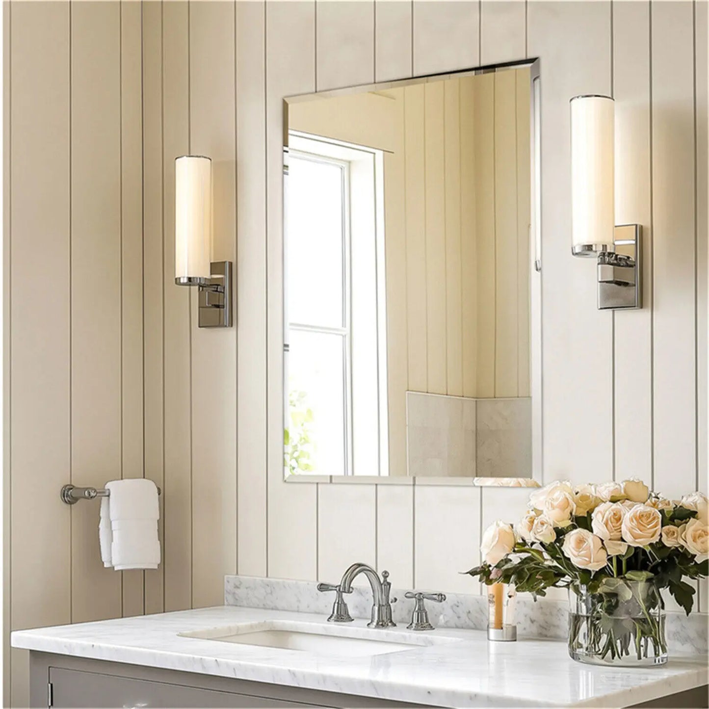 Rectangle Wall Mirror Frameless Vanity Mirror Entry Decor Mirror Beveled Silver Edge for Bathroom Bedroom Livingroom Diningroom