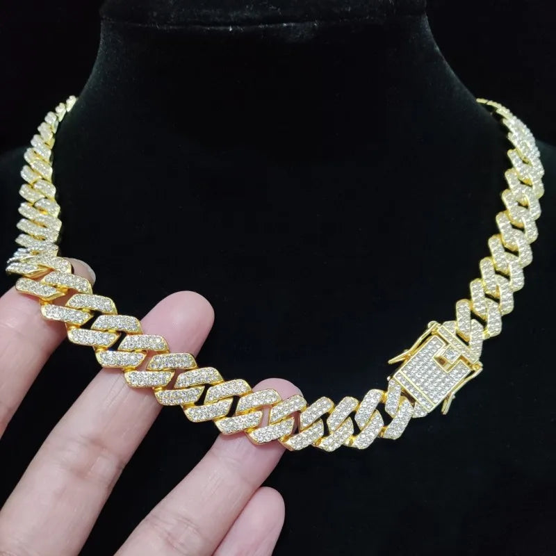 Men Women Hip Hop Rhombus Cuban Chain Iced Out Bling Necklace 14mm Width Chains Hiphop Crystal Necklaces Fashion Jewelry