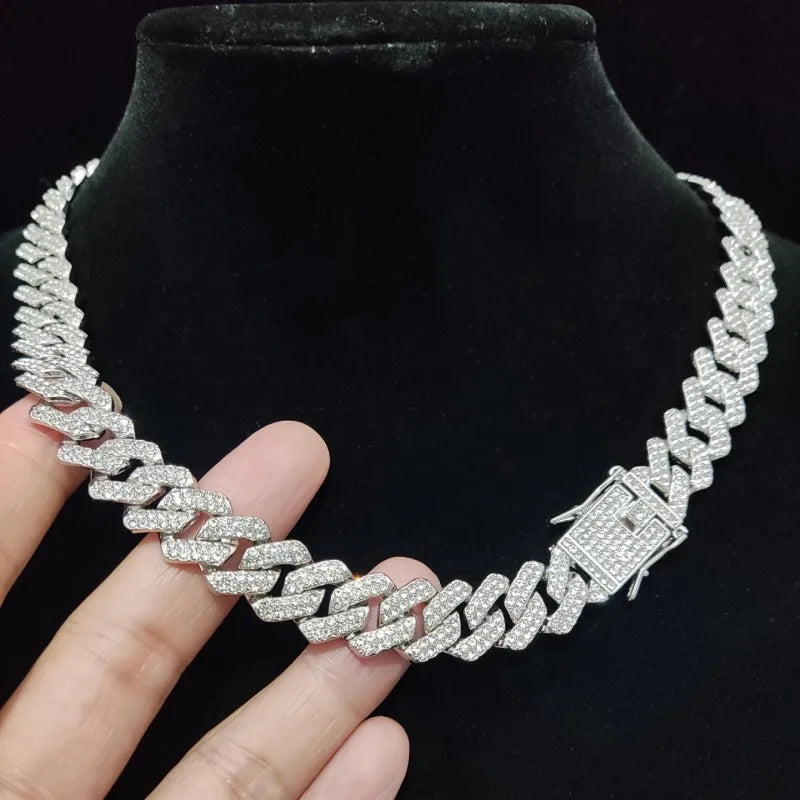 Men Women Hip Hop Rhombus Cuban Chain Iced Out Bling Necklace 14mm Width Chains Hiphop Crystal Necklaces Fashion Jewelry