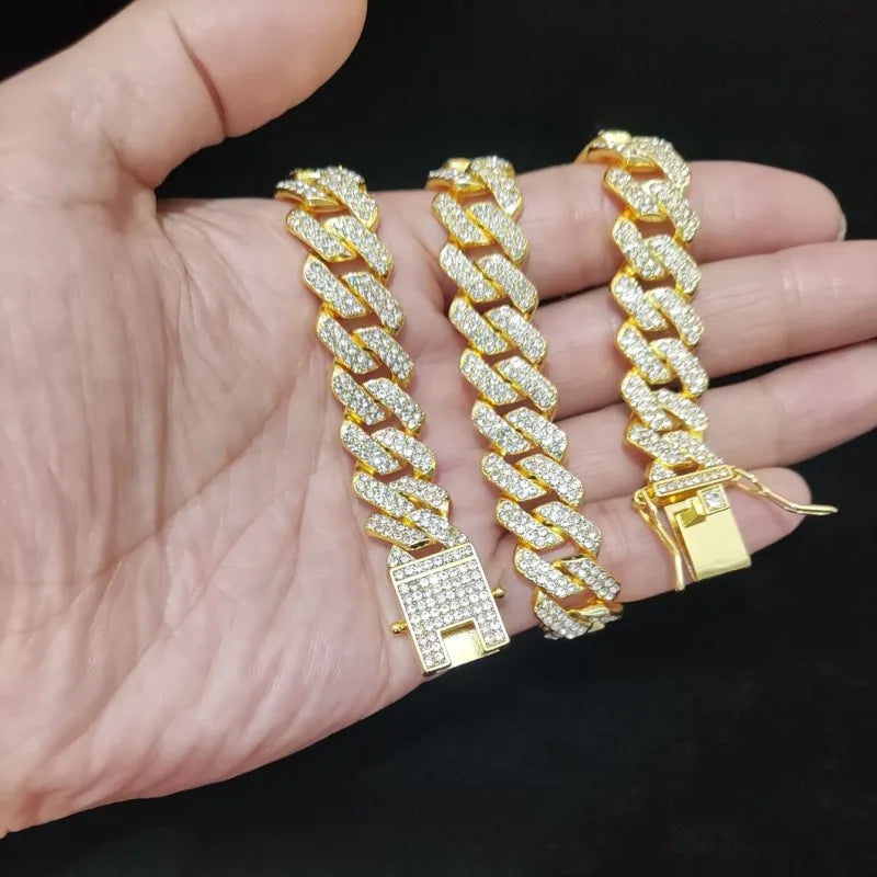 Men Women Hip Hop Rhombus Cuban Chain Iced Out Bling Necklace 14mm Width Chains Hiphop Crystal Necklaces Fashion Jewelry