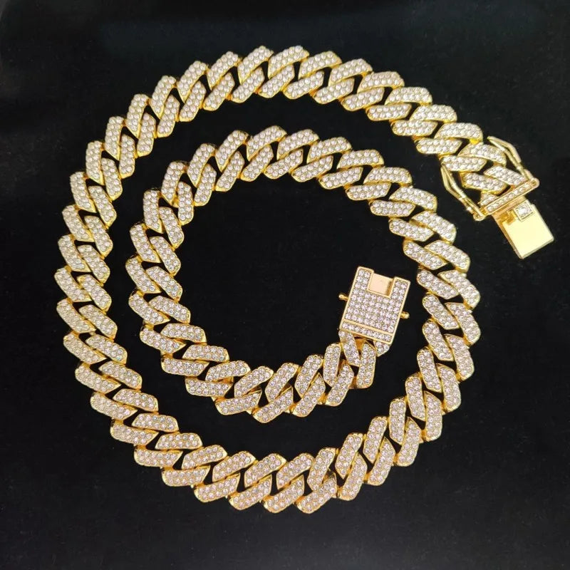 Men Women Hip Hop Rhombus Cuban Chain Iced Out Bling Necklace 14mm Width Chains Hiphop Crystal Necklaces Fashion Jewelry
