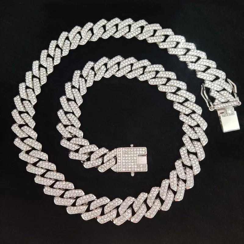 Men Women Hip Hop Rhombus Cuban Chain Iced Out Bling Necklace 14mm Width Chains Hiphop Crystal Necklaces Fashion Jewelry
