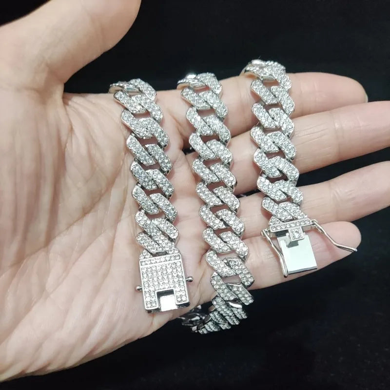 Men Women Hip Hop Rhombus Cuban Chain Iced Out Bling Necklace 14mm Width Chains Hiphop Crystal Necklaces Fashion Jewelry