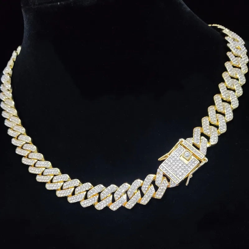 Men Women Hip Hop Rhombus Cuban Chain Iced Out Bling Necklace 14mm Width Chains Hiphop Crystal Necklaces Fashion Jewelry